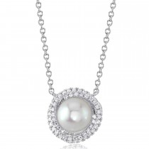 Diamond & Cultured Pearl Halo Pendant Necklace 14K White Gold (0.13ct)