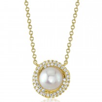 Diamond & Cultured Pearl Halo Pendant Necklace 14K Yellow Gold (0.13ct)