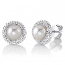 Diamond & Cultured Pearl Stud Halo Earrings 14K White Gold (0.26ct)