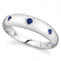 Blue Sapphire Star Wide Band Ring 14K White Gold (0.11ct)