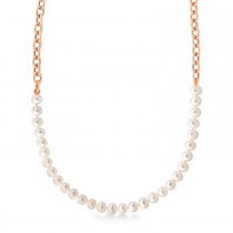 White Cultured Pearl String Rolo Link Necklace 14k Rose Gold