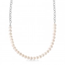 White Cultured Pearl String Rolo Link Necklace 14k White Gold