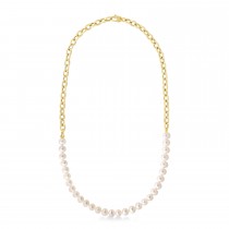 White Cultured Pearl String Rolo Link Necklace 14k Yellow Gold