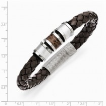 Men's Stainless Steel Polished Brown Leather Black Rubber Bracelet