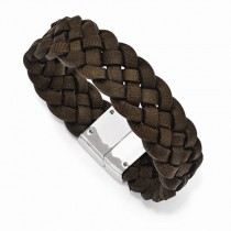 Men's Brown Genuine Leather Woven Braided Stainless Steel Bracelet