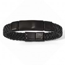 Men's Brushed Black Stainless Steel Braided Genuine Leather Bracelet