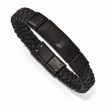 Men's Brushed Black Stainless Steel Braided Genuine Leather Bracelet