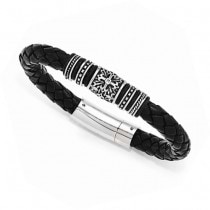Men's Antiqued & Polished Rubbert Black Genuine Leather Bracelet