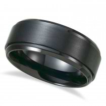 Men's Ridged Black Titanium Wedding Ring Band Satin Finish (9mm)