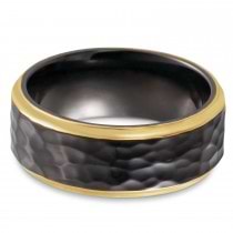 Men's Hammered Wedding Ring Band 18K Yellow Gold PVD Black Titanium (8mm)