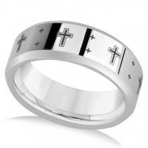 Men's Beveled Wedding Band with Black Laser Crosses in Tungsten 8.3mm