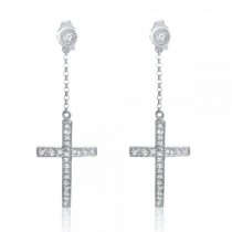 Ladies Dangling Diamond Cross Earrings in 14k White Gold with 0.33ct