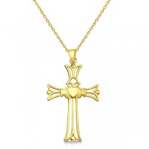 Claddagh Celtic Cross Pendant Necklace in 14k Yellow Gold