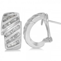Diamond Accented Baguette Huggie Earrings in 14k White Gold (1.25ct)