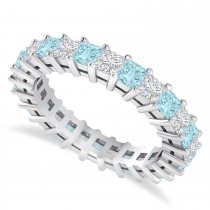 Princess Cut Diamond & Aquamarine Eternity Wedding Band 14k White Gold (2.60ct)