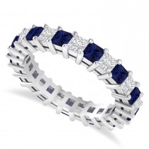 Princess Cut Diamond & Blue Sapphire Eternity Wedding Band 14k White Gold (2.60ct)
