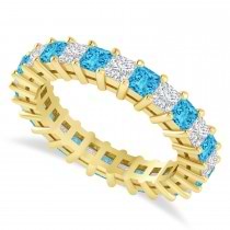 Princess Cut Diamond & Blue Topaz Eternity Wedding Band 14k Yellow Gold (2.60ct)