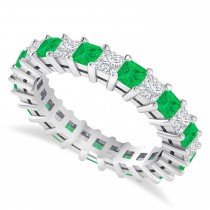 Princess Cut Diamond & Emerald Eternity Wedding Band 14k White Gold (2.60ct)
