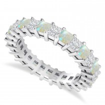 Princess Cut Diamond & Opal Eternity Wedding Band 14k White Gold (2.60ct)