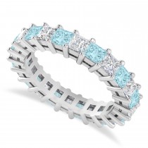 Princess Diamond & Aquamarine Wedding Band 14k White Gold (3.12ct)