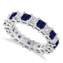 Princess Diamond & Blue Sapphire Wedding Band 14k White Gold (4.18ct)