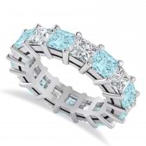 Princess Diamond & Aquamarine Wedding Band 14k White Gold (7.17ct)