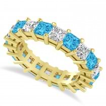 Princess Cut Diamond & Blue Topaz Eternity Wedding Band 14k Yellow Gold (5.40ct)