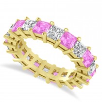Princess Cut Diamond & Pink Sapphire Eternity Wedding Band 14k Yellow Gold (5.40ct)