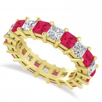 Princess Cut Diamond & Ruby Eternity Wedding Band 14k Yellow Gold (5.40ct)