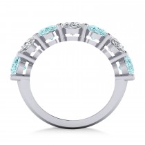 Oval Diamond & Aquamarine Seven Stone Ring 14k White Gold (1.40ct)