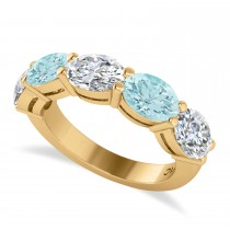 Oval Diamond & Aquamarine Five Stone Ring 14k Yellow Gold (4.50ct)