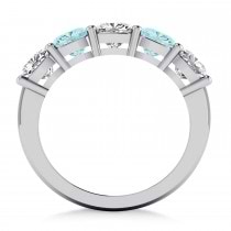 Cushion Diamond & Aquamarine Five Stone Ring 14k White Gold (2.70ct)