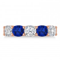 Cushion Diamond & Blue Sapphire Five Stone Ring 14k Rose Gold (2.70ct)