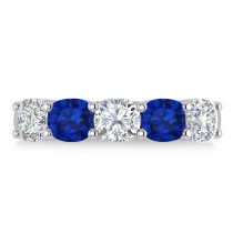 Cushion Diamond & Blue Sapphire Five Stone Ring 14k White Gold (2.70ct)