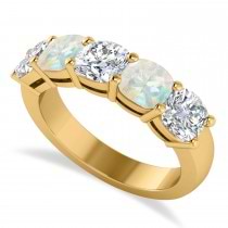 Cushion Diamond & Opal Five Stone Ring 14k Yellow Gold (2.70ct)