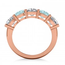 Cushion Diamond & Aquamarine Five Stone Ring 14k Rose Gold (4.05ct)