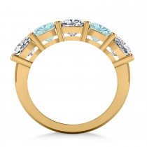 Cushion Diamond & Aquamarine Five Stone Ring 14k Yellow Gold (4.05ct)