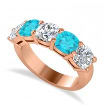Cushion Blue & White Diamond Five Stone Ring 14k Rose Gold (3.75ct)