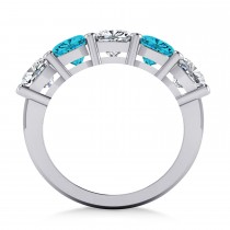 Cushion Blue & White Diamond Five Stone Ring 14k White Gold (3.75ct)