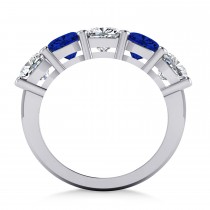 Cushion Diamond & Blue Sapphire Five Stone Ring 14k White Gold (4.05ct)