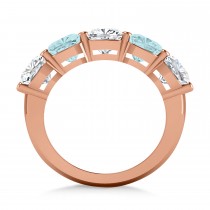 Cushion Diamond & Aquamarine Five Stone Ring 14k Rose Gold (5.20ct)