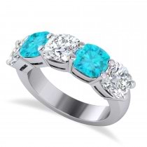 Cushion Blue & White Diamond Five Stone Ring 14k White Gold (5.00ct)