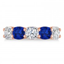 Cushion Diamond & Blue Sapphire Five Stone Ring 14k Rose Gold (5.20ct)