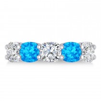 Cushion Diamond & Blue Topaz Five Stone Ring 14k White Gold (5.20ct)