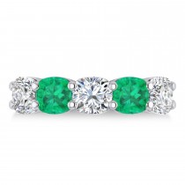 Cushion Diamond & Emerald Five Stone Ring 14k White Gold (5.20ct)