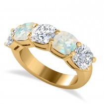 Cushion Diamond & Opal Five Stone Ring 14k Yellow Gold (5.20ct)