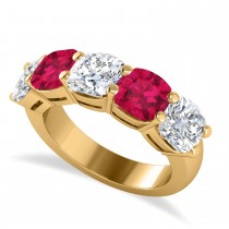 Cushion Diamond & Ruby Five Stone Ring 14k Yellow Gold (5.20ct)