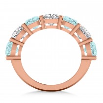 Cushion Diamond & Aquamarine Seven Stone Ring 14k Rose Gold (5.85ct)