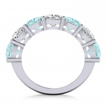 Cushion Diamond & Aquamarine Seven Stone Ring 14k White Gold (5.85ct)