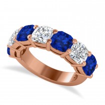 Cushion Diamond & Blue Sapphire Seven Stone Ring 14k Rose Gold (5.85ct)
